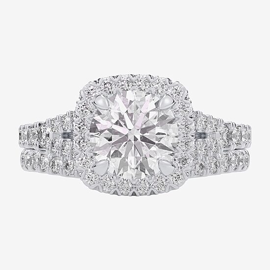 (G-H / Si1-Si2) Womens 4 CT. T.W. Lab Grown White Diamond 14K Gold Round Side Stone Halo Bridal Set
