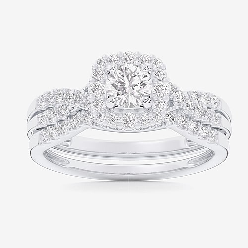 Signature By Modern Bride (G-H / Si1-Si2) Womens 7/8 CT. T.W. Lab Grown White Diamond 10K Gold Side Stone Halo Bridal Set, 9, White
