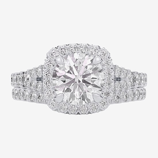 (G-H / Si1-Si2) Womens 3 CT. T.W. Lab Grown White Diamond 14K Gold Round Side Stone Halo Bridal Set