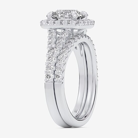 (G-H / Si1-Si2) Womens 3 CT. T.W. Lab Grown White Diamond 14K Gold Round Side Stone Halo Bridal Set