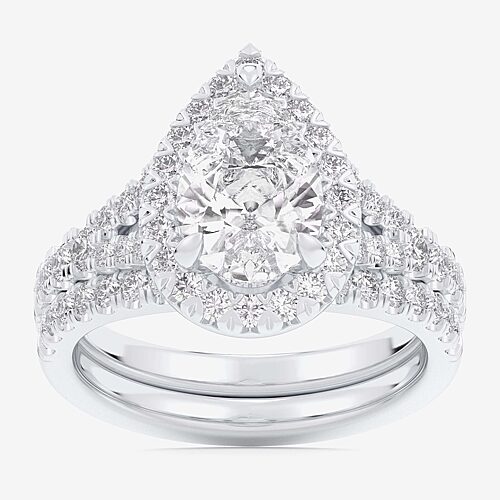 (G-H / Si1-Si2) Womens 1 5/8 CT. T.W. Lab Grown White Diamond 14K Gold Pear Side Stone Halo Bridal Set, 9, White