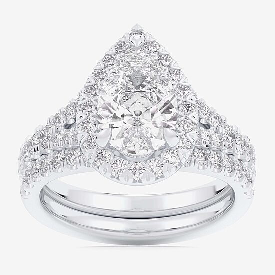 (G-H / Si1-Si2) Womens 1 5/8 CT. T.W. Lab Grown White Diamond 14K Gold Pear Side Stone Halo Bridal Set