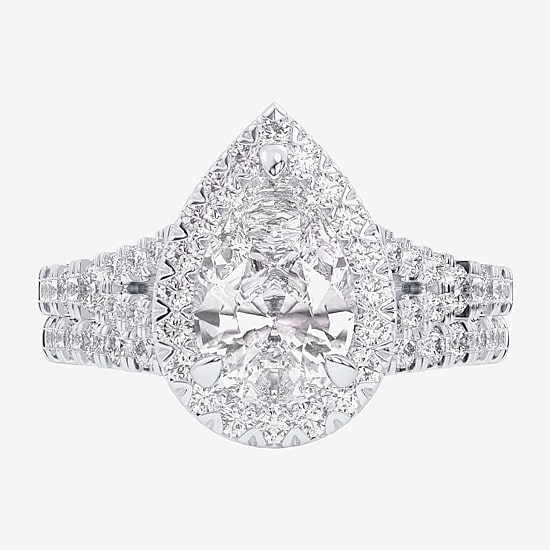 (G-H / Si1-Si2) Womens 1 5/8 CT. T.W. Lab Grown White Diamond 14K Gold Pear Side Stone Halo Bridal Set