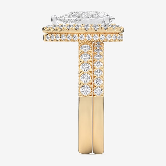 (G-H / Si1-Si2) Womens 4 1/4 CT. T.W. Lab Grown White Diamond 14K Gold Pear Side Stone Halo Bridal Set