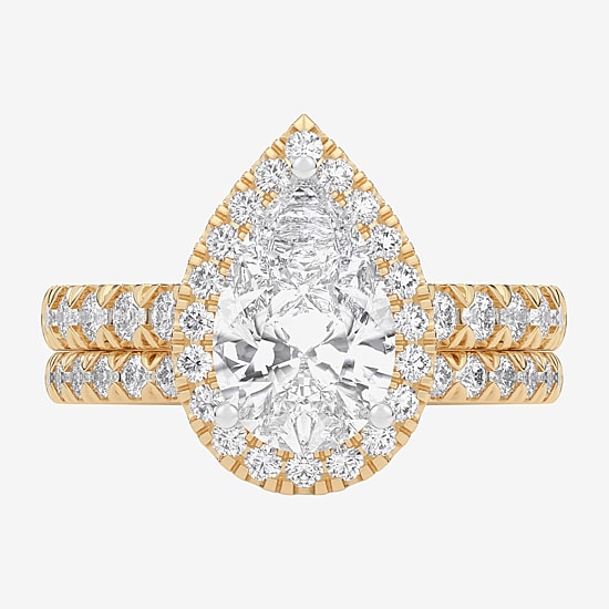 (G-H / Si1-Si2) Womens 4 1/4 CT. T.W. Lab Grown White Diamond 14K Gold Pear Side Stone Halo Bridal Set