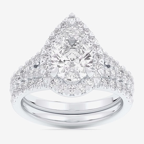 (G-H / Si1-Si2) Womens 3 CT. T.W. Lab Grown White Diamond 14K Gold Pear Side Stone Halo Bridal Set