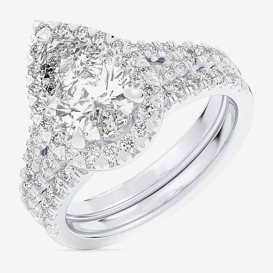 (G-H / Si1-Si2) Womens 3 CT. T.W. Lab Grown White Diamond 14K Gold Pear Side Stone Halo Bridal Set