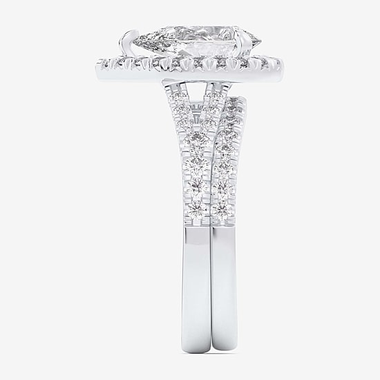 (G-H / Si1-Si2) Womens 3 CT. T.W. Lab Grown White Diamond 14K Gold Pear Side Stone Halo Bridal Set