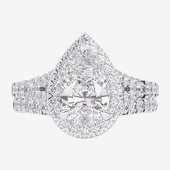 (G-H / Si1-Si2) Womens 3 CT. T.W. Lab Grown White Diamond 14K Gold Pear Side Stone Halo Bridal Set