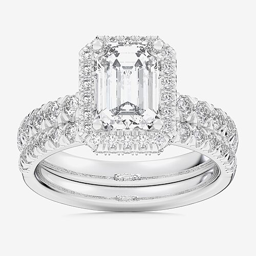 (G-H / Si1-Si2) Womens 1 5/8 CT. T.W. Lab Grown White Diamond 14K Gold Side Stone Halo Bridal Set, 9, White