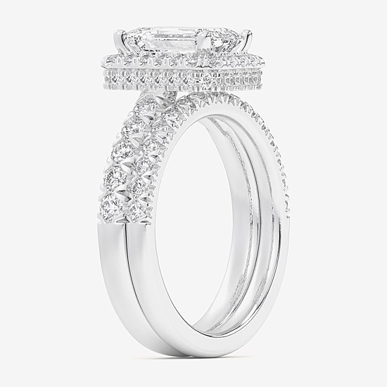 (G-H / Si1-Si2) Womens 1 5/8 CT. T.W. Lab Grown White Diamond 14K Gold Side Stone Halo Bridal Set