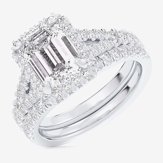 (G-H / Si1-Si2) Womens 1 5/8 CT. T.W. Lab Grown White Diamond 14K Gold Side Stone Halo Bridal Set