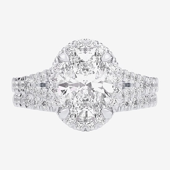 (G-H / Si1-Si2) Womens 3 CT. T.W. Lab Grown White Diamond 14K Gold Oval Side Stone Halo Bridal Set