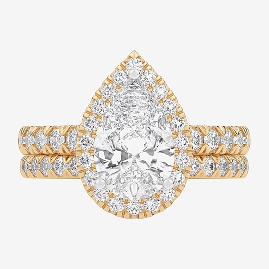 (G-H / Si1-Si2) Womens 1 5/8 CT. T.W. Lab Grown White Diamond 14K Gold Pear Side Stone Halo Bridal Set