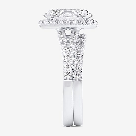 (G-H / Si1-Si2) Womens 4 CT. T.W. Lab Grown White Diamond 14K Gold Oval Side Stone Halo Bridal Set