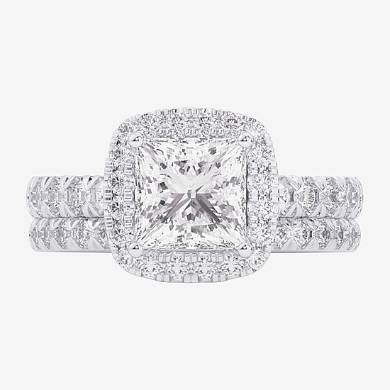 (G-H / Si1-Si2) Womens 4 1/4 CT. T.W. Lab Grown White Diamond 14K Gold Side Stone Halo Bridal Set