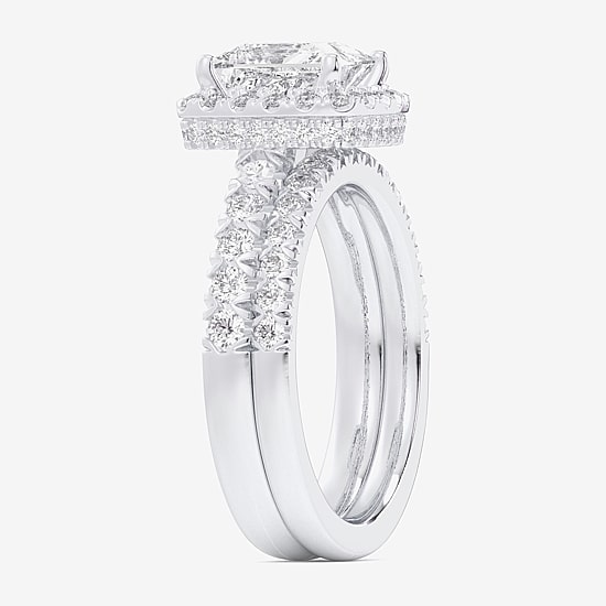 (G-H / Si1-Si2) Womens 4 1/4 CT. T.W. Lab Grown White Diamond 14K Gold Side Stone Halo Bridal Set