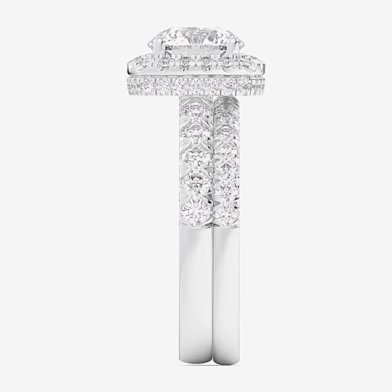 (G-H / Si1-Si2) Womens 1 5/8 CT. T.W. Lab Grown White Diamond 14K Gold Round Side Stone Halo Bridal Set