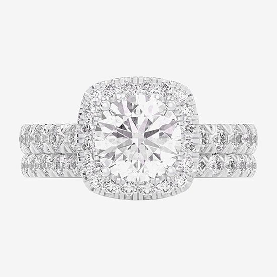 (G-H / Si1-Si2) Womens 1 5/8 CT. T.W. Lab Grown White Diamond 14K Gold Round Side Stone Halo Bridal Set