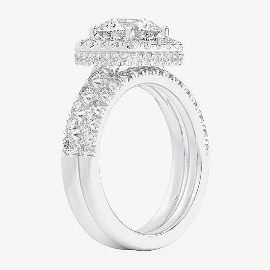 (G-H / Si1-Si2) Womens 1 5/8 CT. T.W. Lab Grown White Diamond 14K Gold Round Side Stone Halo Bridal Set