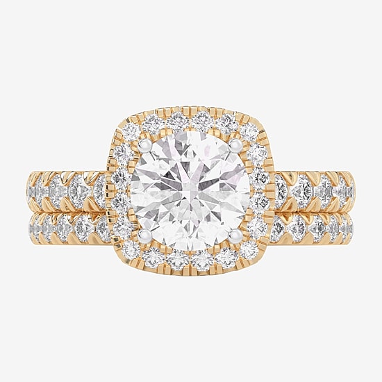 (G-H / Si1-Si2) Womens 1 5/8 CT. T.W. Lab Grown White Diamond 14K Gold Round Side Stone Halo Bridal Set