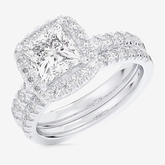 (G-H / Si1-Si2) Womens 3 CT. T.W. Lab Grown White Diamond 14K Gold Side Stone Halo Bridal Set