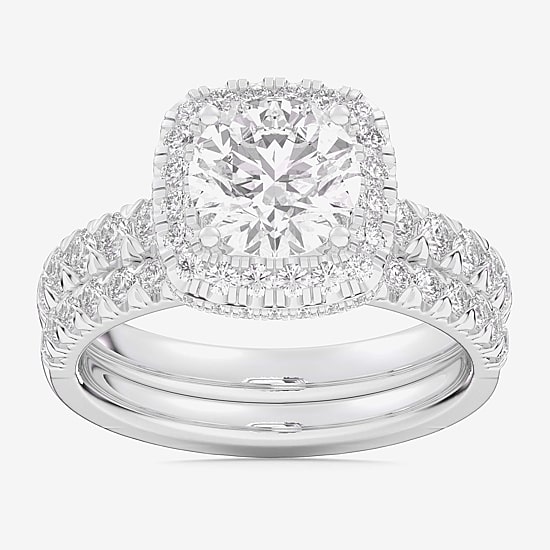 (G-H / Si1-Si2) Womens 3 CT. T.W. Lab Grown White Diamond 14K Gold Round Side Stone Halo Bridal Set