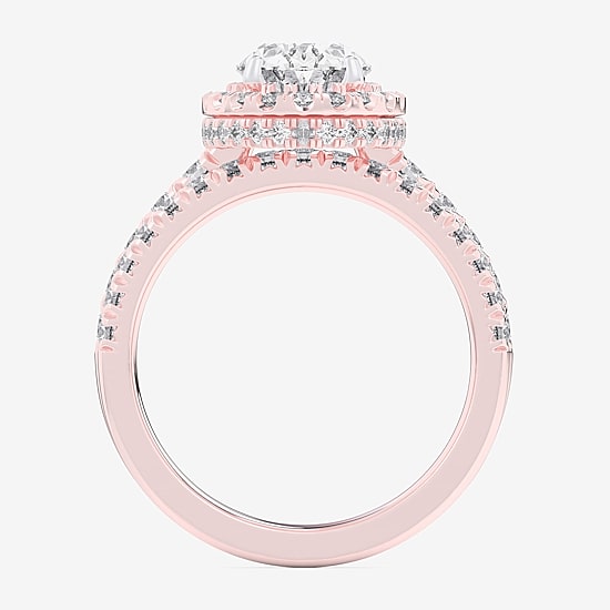(G-H / Si1-Si2) Womens 1 5/8 CT. T.W. Lab Grown White Diamond 14K Gold Oval Side Stone Halo Bridal Set