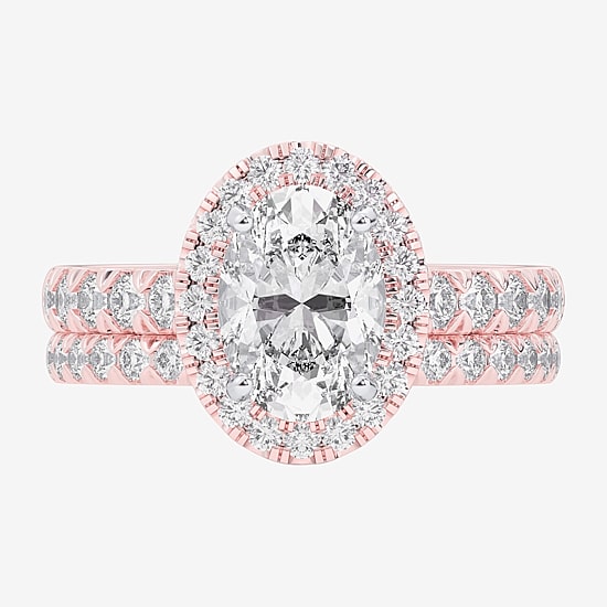 (G-H / Si1-Si2) Womens 1 5/8 CT. T.W. Lab Grown White Diamond 14K Gold Oval Side Stone Halo Bridal Set