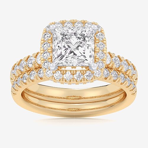 (G-H / Si1-Si2) Womens 1 5/8 CT. T.W. Lab Grown White Diamond 14K Gold Side Stone Halo Bridal Set, 9, Yellow