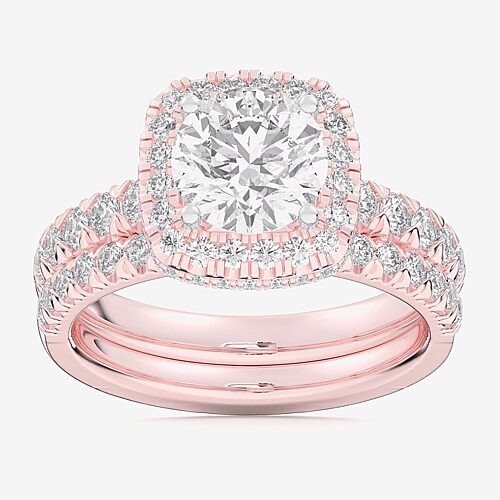 (G-H / Si1-Si2) Womens 4 1/4 CT. T.W. Lab Grown White Diamond 14K Gold Round Side Stone Halo Bridal Set, 9, Rose