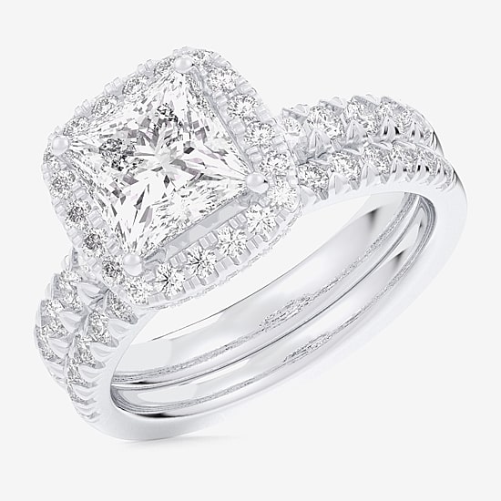 (G-H / Si1-Si2) Womens 1 5/8 CT. T.W. Lab Grown White Diamond 14K Gold Side Stone Halo Bridal Set