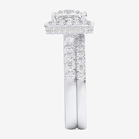 (G-H / Si1-Si2) Womens 1 5/8 CT. T.W. Lab Grown White Diamond 14K Gold Side Stone Halo Bridal Set