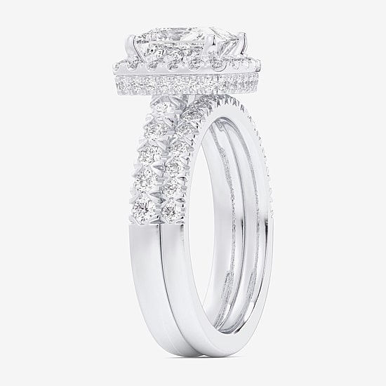 (G-H / Si1-Si2) Womens 1 5/8 CT. T.W. Lab Grown White Diamond 14K Gold Side Stone Halo Bridal Set
