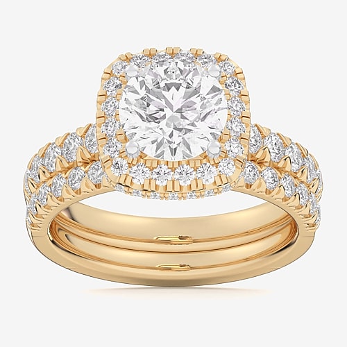 (G-H / Si1-Si2) Womens 4 1/4 CT. T.W. Lab Grown White Diamond 14K Gold Round Side Stone Halo Bridal Set, 9, Yellow