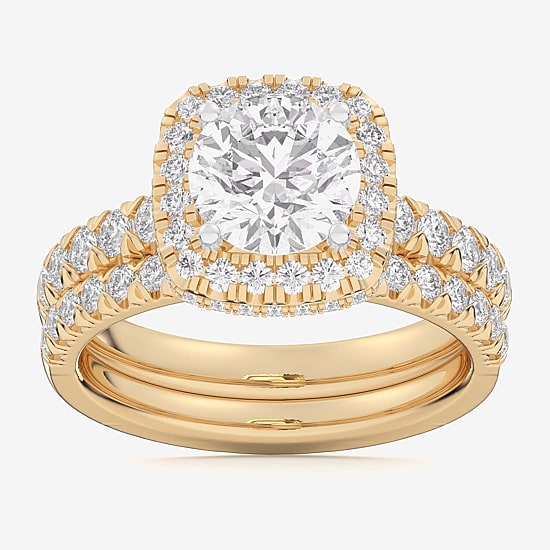 (G-H / Si1-Si2) Womens 4 1/4 CT. T.W. Lab Grown White Diamond 14K Gold Round Side Stone Halo Bridal Set
