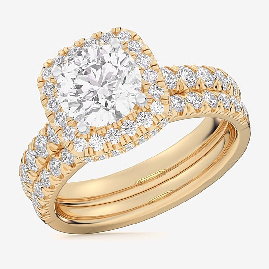 (G-H / Si1-Si2) Womens 4 1/4 CT. T.W. Lab Grown White Diamond 14K Gold Round Side Stone Halo Bridal Set