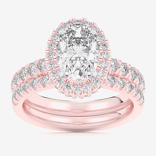 (G-H / Si1-Si2) Womens 3 CT. T.W. Lab Grown White Diamond 14K Gold Oval Side Stone Halo Bridal Set, 8, Rose