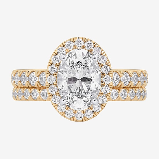 (G-H / Si1-Si2) Womens 3 CT. T.W. Lab Grown White Diamond 14K Gold Oval Side Stone Halo Bridal Set