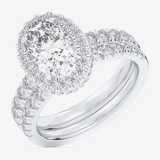 (G-H / Si1-Si2) Womens 4 1/4 CT. T.W. Lab Grown White Diamond 14K Gold Oval Side Stone Halo Bridal Set