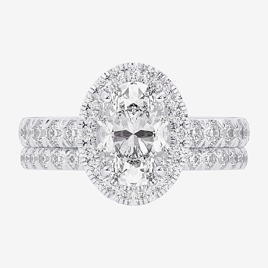 (G-H / Si1-Si2) Womens 4 1/4 CT. T.W. Lab Grown White Diamond 14K Gold Oval Side Stone Halo Bridal Set