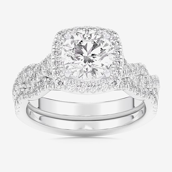 (G-H / Si1-Si2) Womens 1 1/2 CT. T.W. Lab Grown White Diamond 14K Gold Round Side Stone Halo Bridal Set