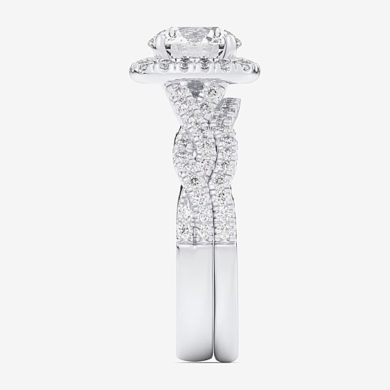 (G-H / Si1-Si2) Womens 1 1/2 CT. T.W. Lab Grown White Diamond 14K Gold Round Side Stone Halo Bridal Set