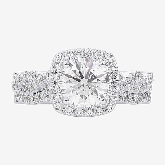 (G-H / Si1-Si2) Womens 1 1/2 CT. T.W. Lab Grown White Diamond 14K Gold Round Side Stone Halo Bridal Set