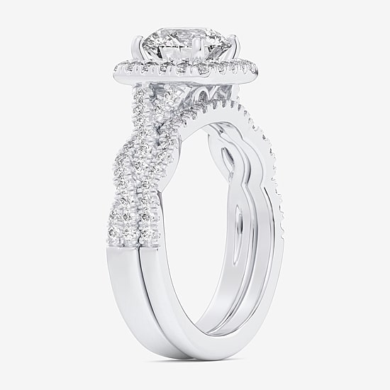 (G-H / Si1-Si2) Womens 1 1/2 CT. T.W. Lab Grown White Diamond 14K Gold Round Side Stone Halo Bridal Set