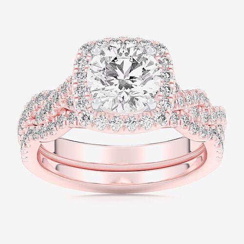 (G-H / Si1-Si2) Womens 2 3/4 CT. T.W. Lab Grown White Diamond 14K Gold Round Side Stone Halo Bridal Set, 9, Rose