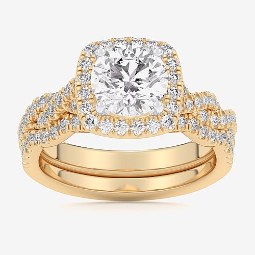 (G-H / Si1-Si2) Womens 3 3/4 CT. T.W. Lab Grown White Diamond 14K Gold Round Side Stone Halo Bridal Set, 8, Yellow