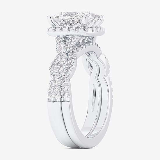 (G-H / Si1-Si2) Womens 2 3/4 CT. T.W. Lab Grown White Diamond 14K Gold Side Stone Halo Bridal Set