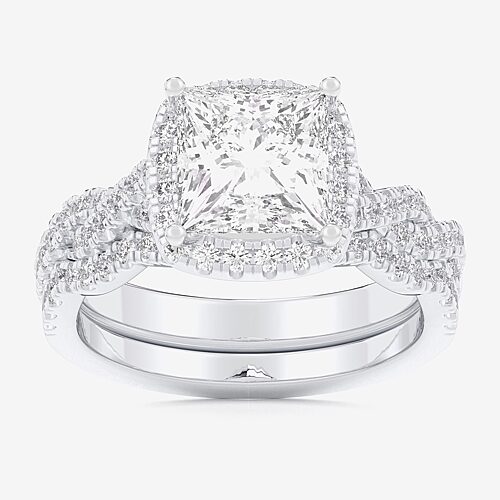 (G-H / Si1-Si2) Womens 3 3/4 CT. T.W. Lab Grown White Diamond 14K Gold Side Stone Halo Bridal Set, 8, White