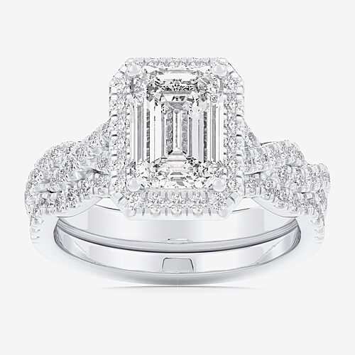 (G-H / Si1-Si2) Womens 1 1/2 CT. T.W. Lab Grown White Diamond 14K Gold Side Stone Halo Bridal Set, 9, White